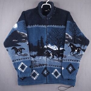 Vintage Horse Fleece Jacket AOP XXL Blue Zip Southwest Aztec Nature Made in USA